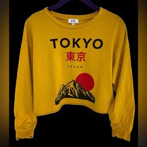 Cali Baby Tokyo Japan Crop Top LS Graphic T Shirt Yellow Red Black M 100% Cotton